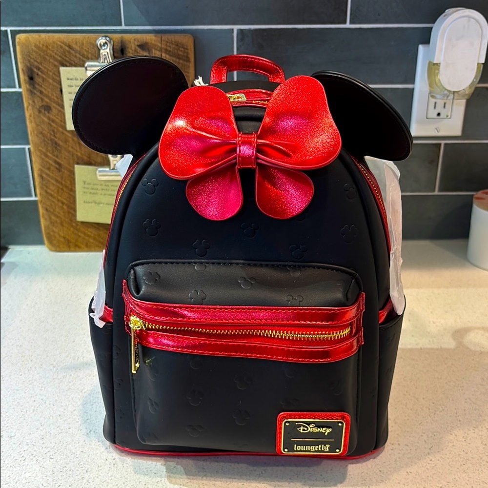 Loungefly Black and Red Minnie Mouse Bag with Debossed Mickey Heads and Bow. NWT